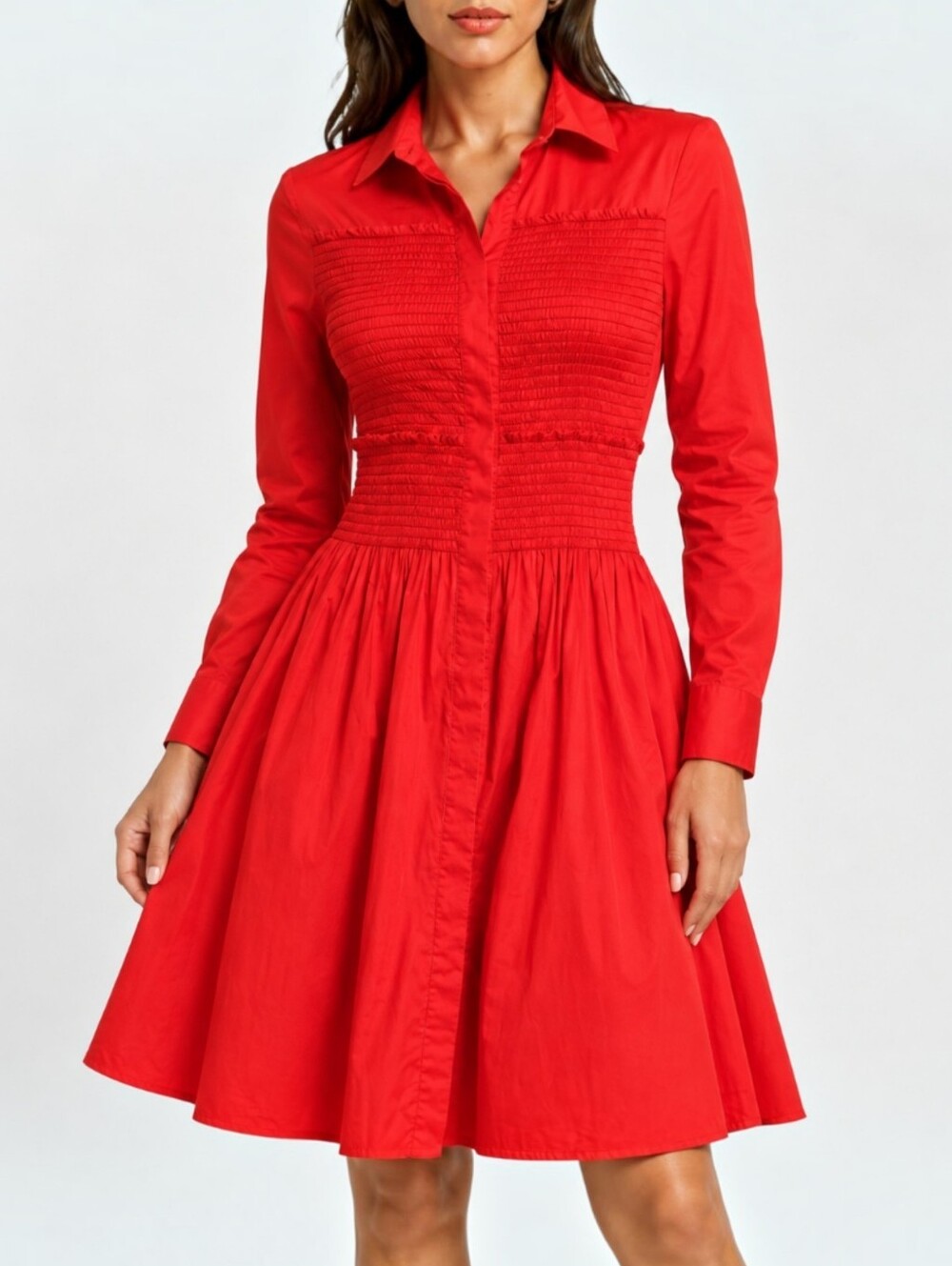 Maje Roumpa Smocked Shirt Dress Red Cotton Fit Flare Long Sleeve Size S